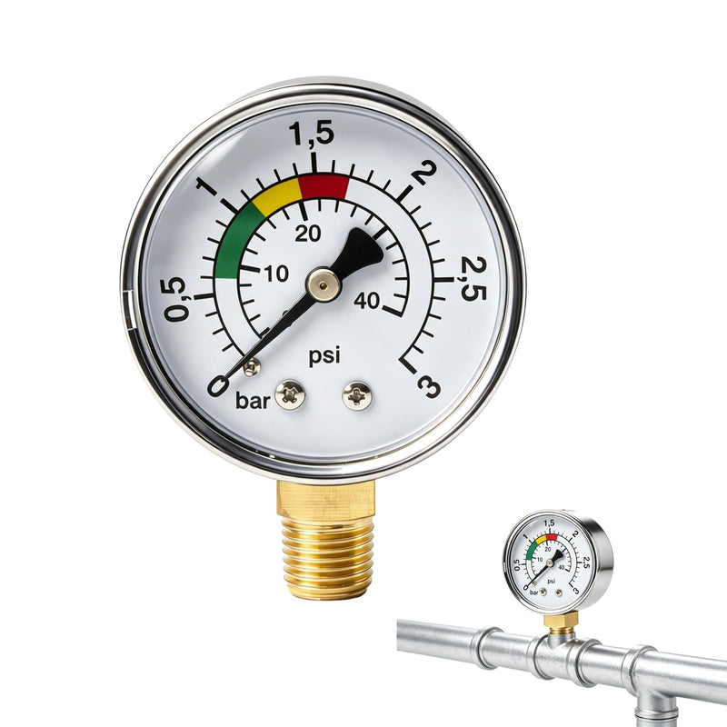 Pressure Gauge, High Precision Pressure Gauge, Water 0-3 Bar, 1/4 BSPT Compressed Air Pressure Gauge, Vertical Pressure Gauge, Swimming Pool Pressure Gauge, Low Pressure Gauge for Gas and Water