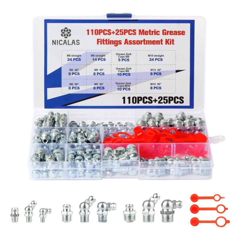 [Australia - AusPower] - 135PCS Grease Fittings Assortment,Metric Zerk Grease Fittings Straight 45 90 Degree,grease zerk kit with Plastic Grease Fitting Caps 110PCS+25PCS METRIC 