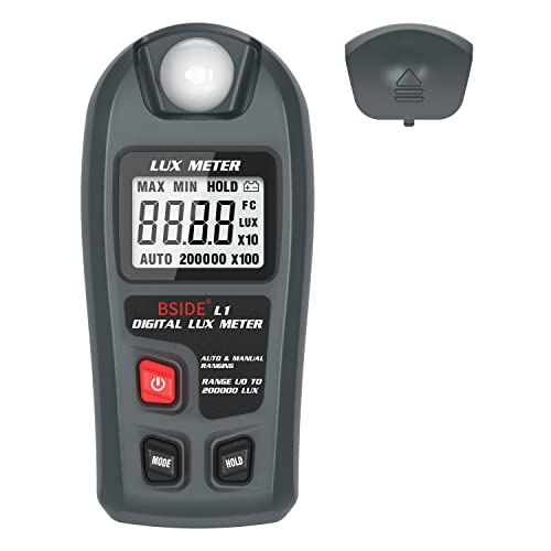 MAXRIENY BSIDE digital light meter displaying illuminance readings on LCD screen for plants, LEDs, home and office use