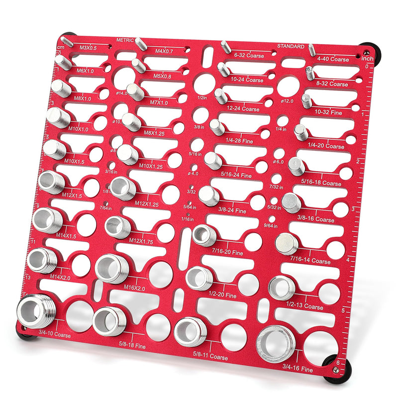 [Australia - AusPower] - Thread Checker, 55 Bolt Size and Thread Gauge, Bolt Thread Identifier 20 Standard & 16 Metric, Bolt Identifier Board, Nut and Bolt Thread Checker Gauge Wall-Mountable with 19 Drill Bit Gauge Red 55 Thread Checker 