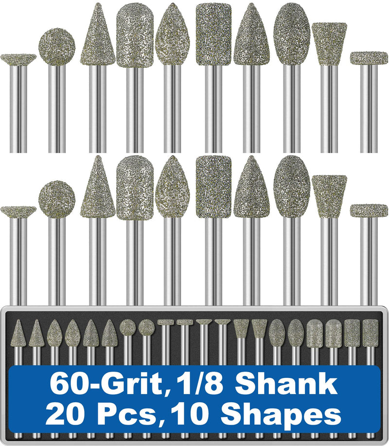 [Australia - AusPower] - 20Pcs 60-Grit Diamond Grinder Bit 1/8" Shank Compatible with Dremel Rotary Tool Attachment Accessories Grinding Burrs for Stone Glass Resin Porcelain Ceramic Quartz Glaze Steel Carve Engrave Polish 
