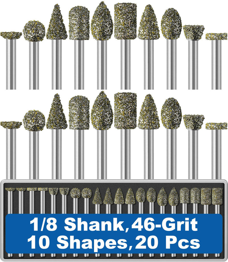 [Australia - AusPower] - 20Pcs 46-Grit Diamond Grinder Bit 1/8" Shank Compatible with Dremel Rotary Tool Attachment Accessories Grinding Burrs for Stone Glass Resin Porcelain Ceramic Quartz Glaze Steel Carve Engrave Polish 