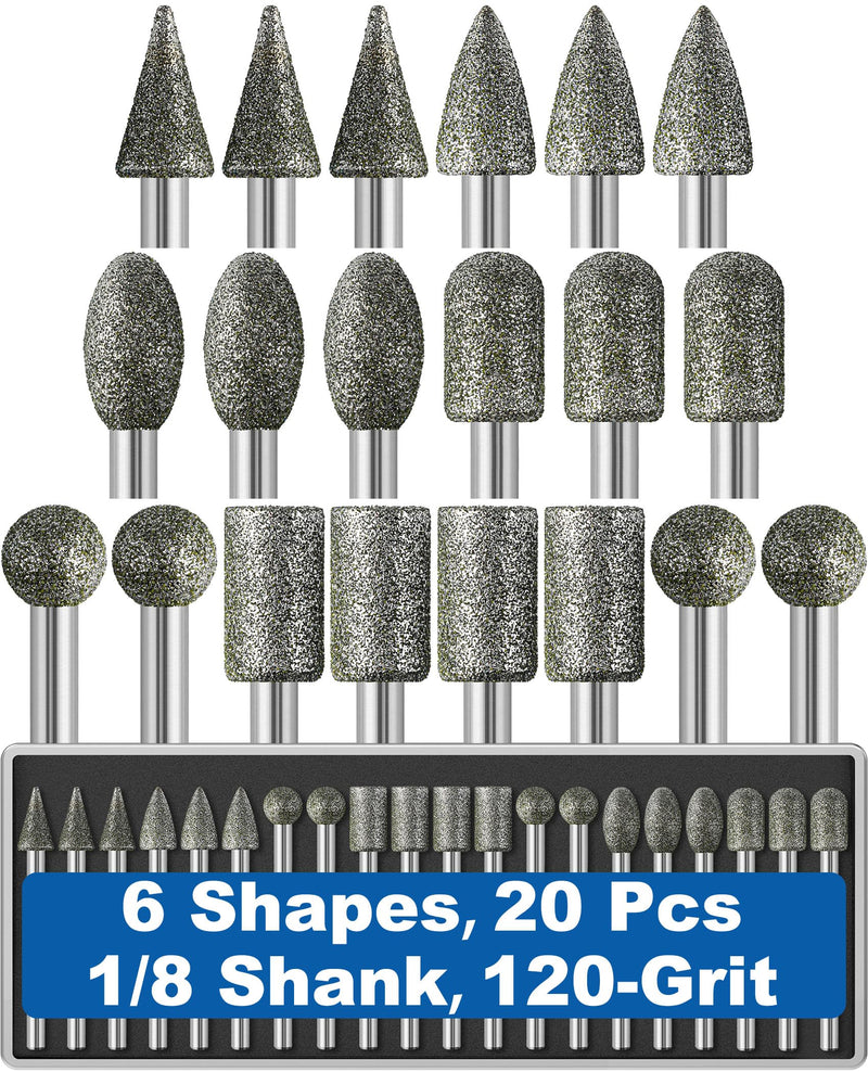 [Australia - AusPower] - 20Pcs 120-Grit Diamond Grinder Bit 1/8" Shank Compatible with Dremel Rotary Tool Attachment Accessories Grinding Burrs for Stone Glass Resin Porcelain Ceramic Quartz Glaze Steel Carve Engrave Polish 