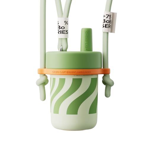 CHAKO LAB Kids Water Bottle with Carrying Rope and Straps | Ceramic liner 16oz for School and Trvels | Two Travel Carrying Options | Avocado Green