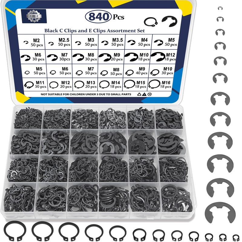 [Australia - AusPower] - ZQZ 840Pcs C Clips Assortment (M5-M16) and E Clips Assortment Set (2.0mm-12mm), External Retaining Rings, 24 Sizes Snap Rings Assortment Kit, Black Carbon Steel Circlip Retaining Clip Black carbon 840pcs e-clips+c-clips 