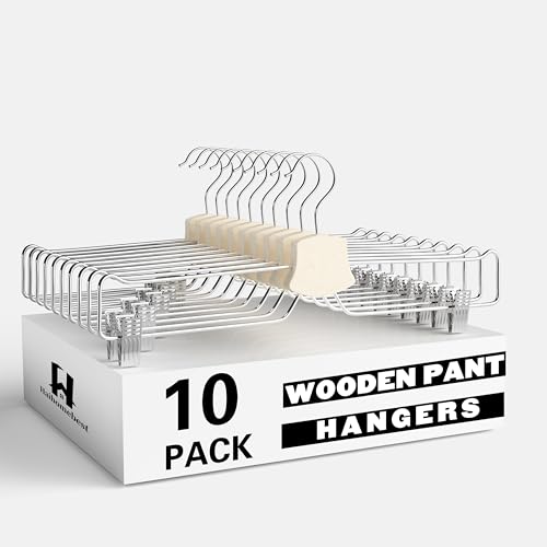 10 Pack Pants Hangers, 14" Adjustable Clip Pant Hanger Heavy Duty with 360°Swivel Hook - Solid Wood & Metal Closet Organizer, Space Saving Hanger for Pants, Skirts, Underwear, Scarves
