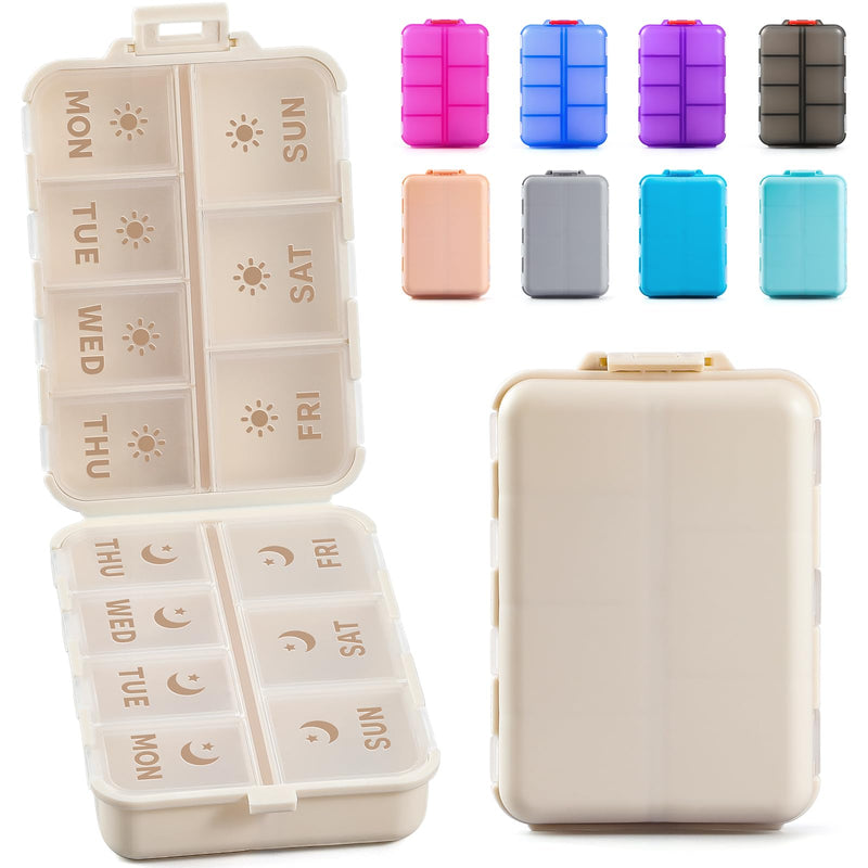 [Australia - AusPower] - NEW Foldable & Double Protection Portable Weekly Pill Organizer 2 Times A Day with Etched Labels, AM PM 7 Day Week Medicine Box, Daily Travel Pill Case Holder Dispenser for Vitamin, Supplement - Khaki 
