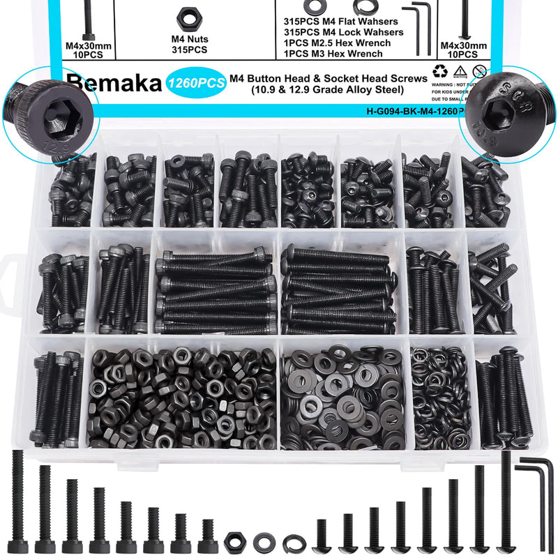 [Australia - AusPower] - 350PCS M4 x 6/8/12/16/20/25/30mm Hex Socket Head Cap Screws Bolts Nuts Washers Assortment Kit + 1260PCS Black M4 Screw Kit, 6-40mm Button Head Screws and Socket Head Screws 