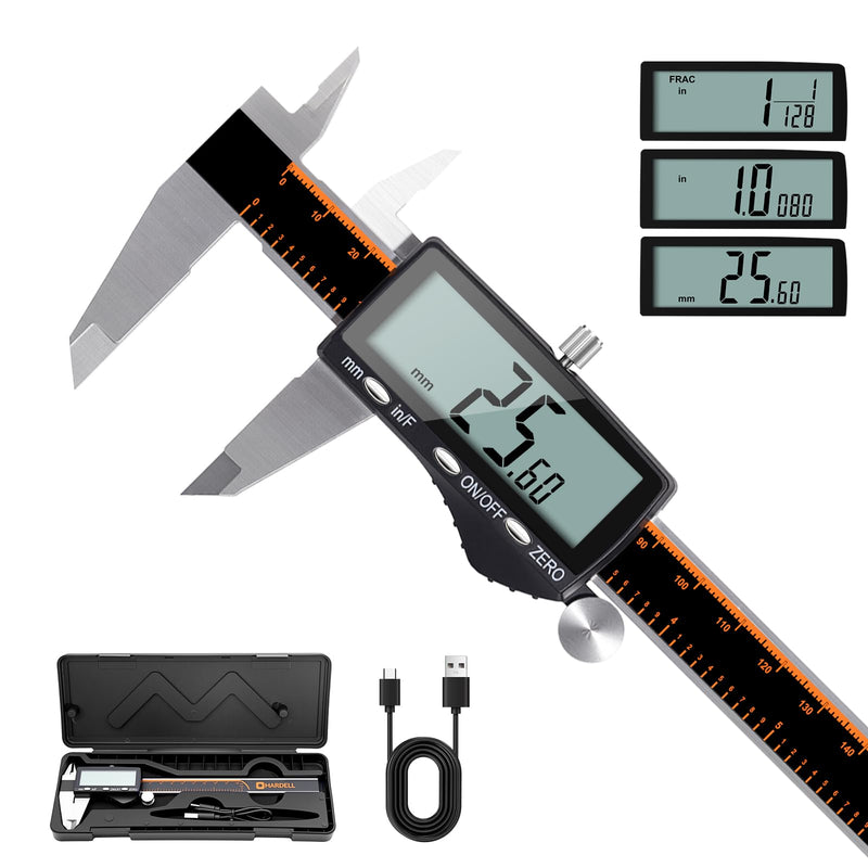 [Australia - AusPower] - HARDELL Digital Caliper, Rechargeable Calipers with Large LCD Screen, Stainless Steel Caliper Measuring Tool, Auto-Off Micrometer, Inch/MM/Fraction for DIY/Household/3D-printing 