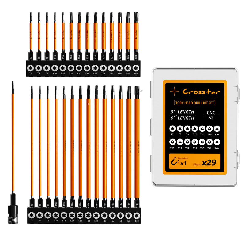 Crosstar 3" and 6" Impact Long Torx Bit Set 29pc (TT7-TT40) S2 Steel Security Tamper Proof Star Bits, 1/4" Hex-Shank Magnetic Holder & Storage Box w/Magnetizer T7-T40 (3IN & 6IN)