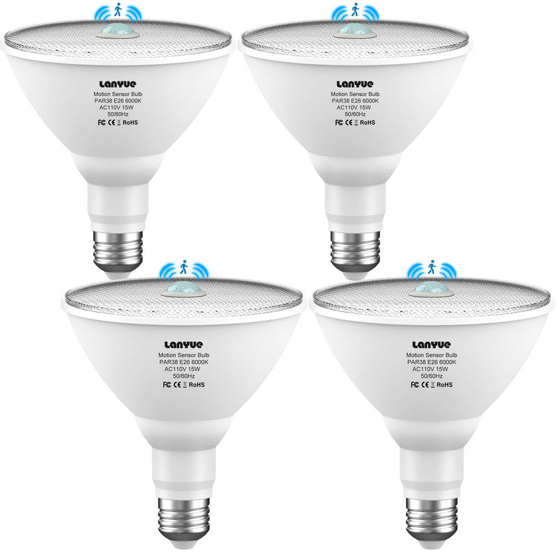 [Australia - AusPower] - Motion Sensor Light Bulbs, Dusk to Dawn Outdoor Lighting, PAR38 Led Motion Sensor Flood Light 100 Watt Equivalent(15W), 6000K Daylight, Waterproof Outdoor/Indoor,(4 Pack) LY-PAR38H001 