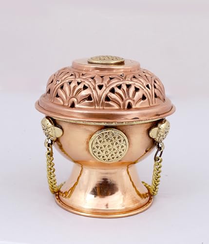 Indian Consigners Copper Altar Incense Charcoal Burner with Chain, Flower of Life Design, Hanging Incense Holder for Home, Altar & Spiritual Décor