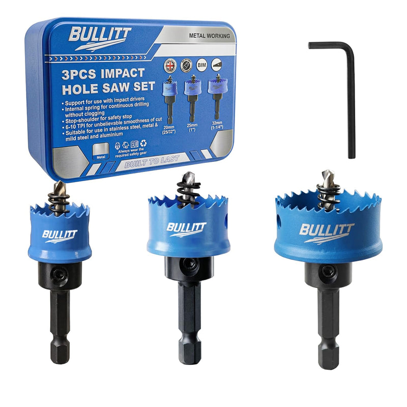 BULLITT 3PCS Impact Hole Saw Set, 25/32",1",1-1/4" (20,25,32MM) Metal Hole Saw Kit Hex Shank M42 with 8% Cobalt Teeth,Heavy Duty,Perfect for Drilling Thin Metal,Stainless Steel,and Aluminium