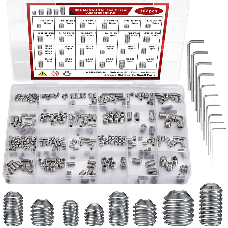 [Australia - AusPower] - 360 Pcs 25 Size Set Screw Assortment Kit Metric & SAE Allen Set Screws for Bathroom Fixture 304 Stainless Steel Internal Hex Drive Cup-Point for Door Knob, Faucets(M3-M8, 1/8"-40 to 5/16"-18) 360 