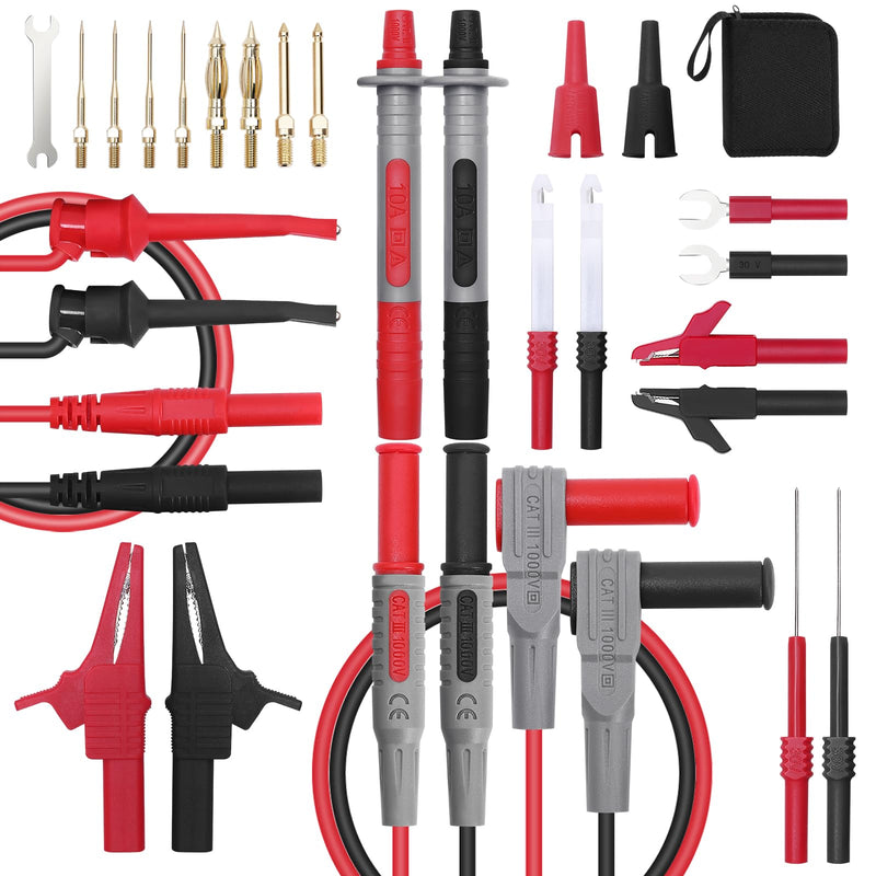 [Australia - AusPower] - 28 Pcs Multimeter Test Leads Kit with Replaceable Gold-Plated Multimeter Probes, Alligator Clips, Test Hooks,Back Probe Pins with Tool Bag 