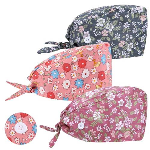 Surgical Cap, Fabric Nurse Cap, Adjustable Surgical Cap, Pack of 3 | Hat Buttons Adjustable Work Cap with Sweatband Hoods Bag Caps Cotton Dust Cap Printed Turban Hat