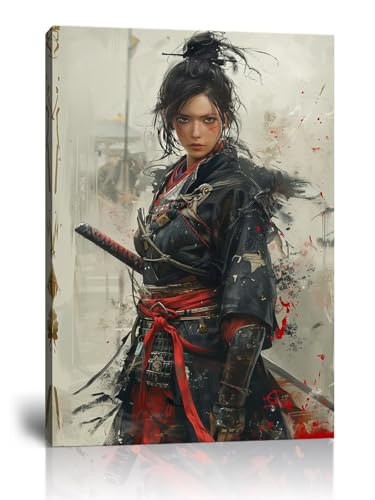 Japanese Female Samurai Wall Art Woman Fight Painting Canvas Prints Warrior Figure Pictures Bushido Posters Japanese Culture Theme Artwork for Bedroom Living Room Decor (18''W x 24''H) 18"L x 24"W Gray Black and Red