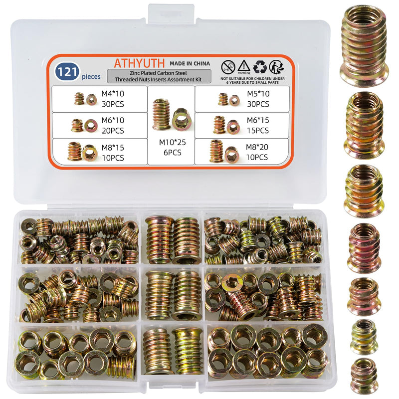 [Australia - AusPower] - Threaded Inserts for Wood, 121 Pieces Zinc Plated Steel Thread Insert Nuts Assortment kit for Hardwoods, Hex Socket Flanged Threaded Wood Inserts M4 M5 M6 M8 M10 Screw Inserts for Wooden Furniture 