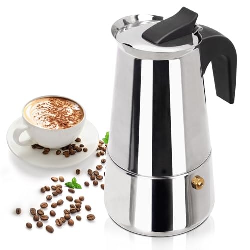 Stainless steel Mogrecha 4-cup Moka pot for stovetop espresso brewing, featuring a compact design and 200ml capacity.