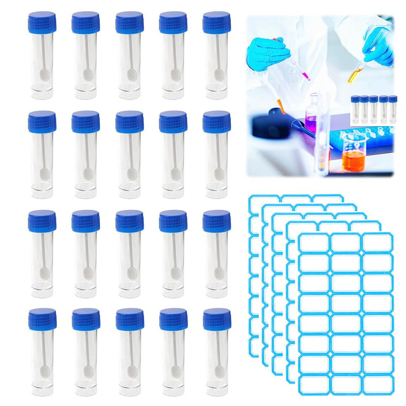 Pack of 20 20 ml Chair Sample Tubes with Label Stickers, Urine Cups, Fecal Sample Tube with Spoon, Sample Tube for Pets for Testing, Chair Tube with Lid Good Sealing