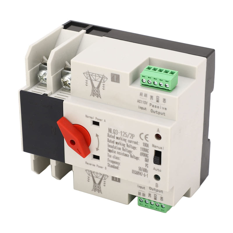 100A 110V Automatic Transfer Switch,2P Mini Dual Power Transfer Switch,50Hz 60Hz 35mm Din Rail Mounting for Home Generator Factories Laboratories Farms Powering Supply