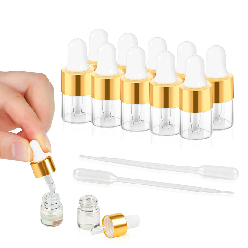 [Australia - AusPower] - 10pcs Mini Glass Dropper Bottle for Essential Oil,1ml Small Clear Sample Dropper Vails with Gold Cap,Perfume Cosmetic Liquid Containers for Traveling 10 1ml 