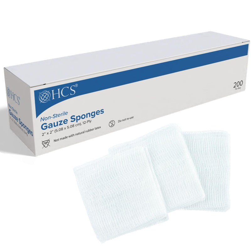 [Australia - AusPower] - HCS 2x2 Gauze Sponges - Woven, Non-Sterile, 12-Ply (200-Count) - 100% Cotton, Absorbent, Low-Linting Design - Medical 2x2 Gauze Pads - Wound Care, First Aid, Surgical Use, Dental 2" X 2" 200 