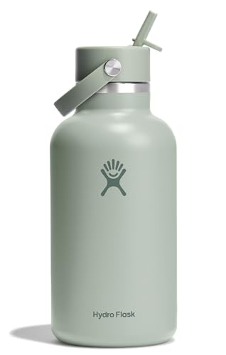 Hydro Flask Water Bottle - Insulated Stainless Steel - Wide Mouth Flex Straw Lid, Non Spill, Leakproof and Refillable in 64 Oz Tonal Agave 64 Ounces