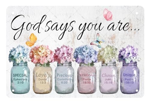 Christian Wall Art Scripture Sign,DZQUY Inspirational Bible Verse Wall Decoration,God Says You Are Metal Tin Signs Decor For Bedroom Women 8x12 Inch