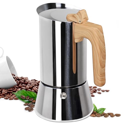 Supvision 6-cup stainless steel Moka pot with woodgrain finish, 300ml stovetop espresso maker, durable 304 stainless steel design.