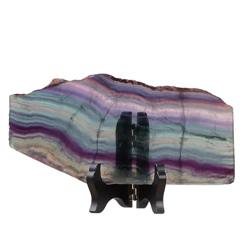SUNYIK Natural Fluorite Slice with Wood Stand Irregular Fluorite Slab Stone Mineral Specimen Decor Display for Window Home Office