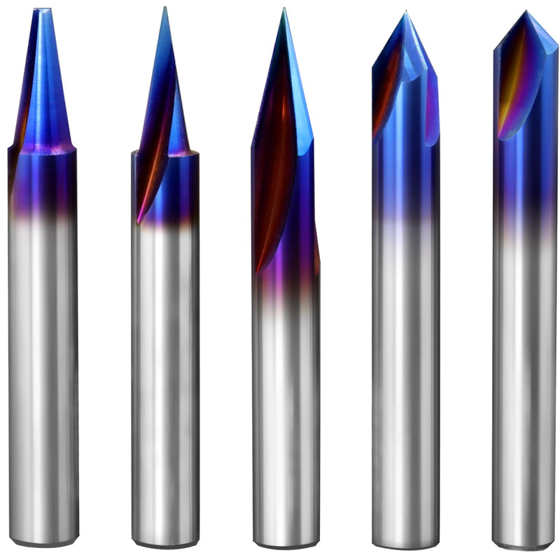 5 Piece Engraving CNC Wood Carving Router Bit with Nano Blue Coated Tungsten Soild Carbide 15° 20° 30° 60° 90° V Groove Endmill Bit Profile Router Bits for Sign Making Multiple Degree