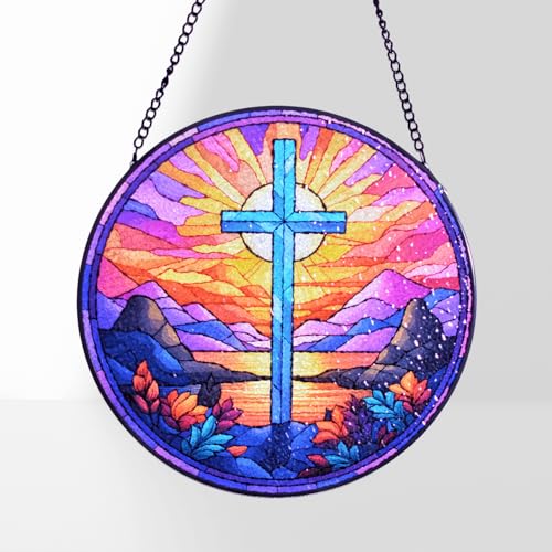 HOTIYOK Stained Glass Cross Round Mountain Sunset Design Glass Window Hanging for Kitchen Indoor Decorations Gifts for Women Grandma Teacher Nature Lovers