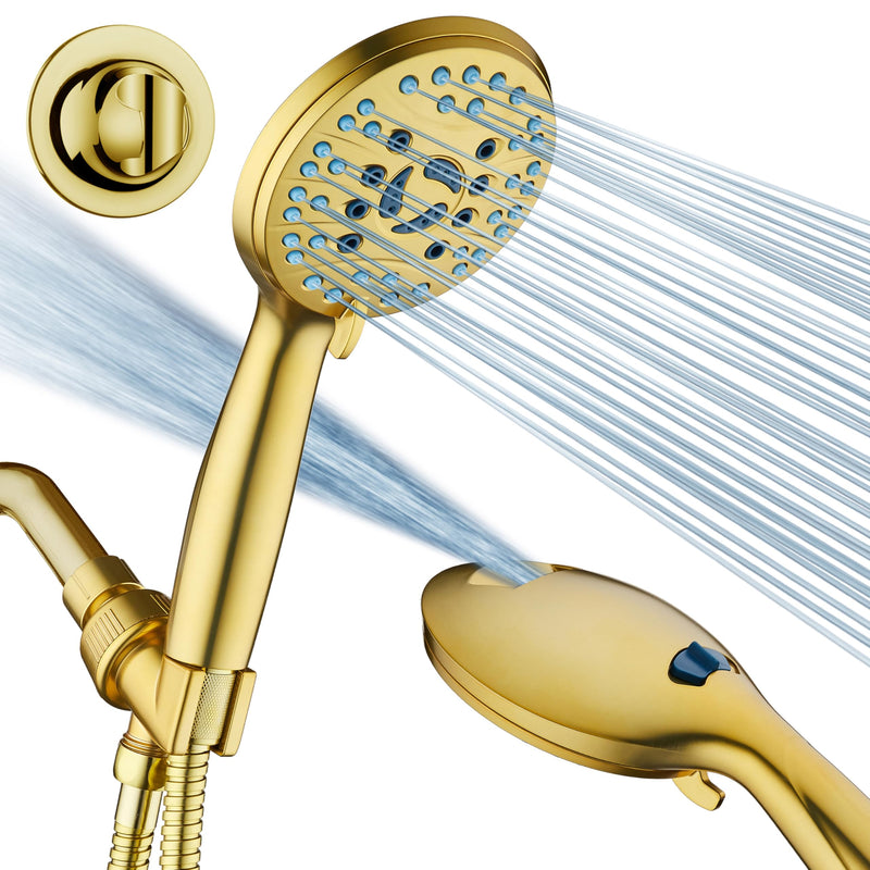 AquaCare High Pressure 8-mode Handheld Shower Head - Anti-clog Nozzles, Built-in Power Wash to Clean Tub, Tile & Pets, Extra Long 6 ft. Stainless Steel Hose, Wall & Overhead Brackets Modern Gold