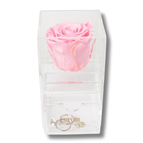 Preserved Rose in Luxury Acrylic Jewelry Box with Drawer - Elegant Gift for Women, Anniversary, Birthday, Valentine's Day, and Special Occasions (Pink) Pink
