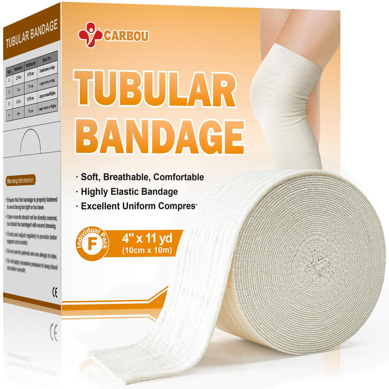 [Australia - AusPower] - Carbou Elasticated Tubular Support Bandage 4" x 11 yd (Size F), Soft Stockinette Tubing for Legs, Arms, Knees, Thighs, Reusable Compression Support Bandage Roll for Joint Tissue Size F | 4" x 11 yd 