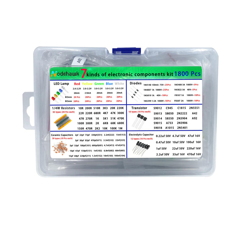 Electronic Component Kit -Total 1800 Pcs, LED Diodes, Resistors, Capacitors, Ceramic Capacitors, Transistors, Diodes - for DIY Projects, Electronics Hobbyists