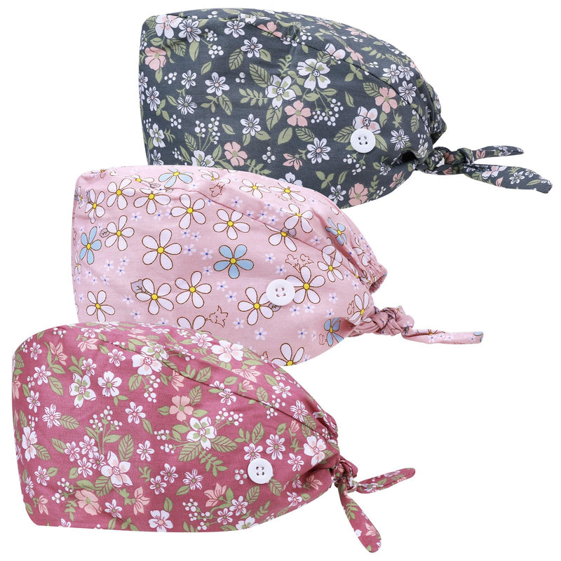 Pack of 3 Women's Adjustable Surgical Caps, Fabric with Button, Cotton Flat Cap, Plain Flower Style, Work Cap, Scrubbing Hat, Work Hat for Doctors, Nurses (2) 2 UK