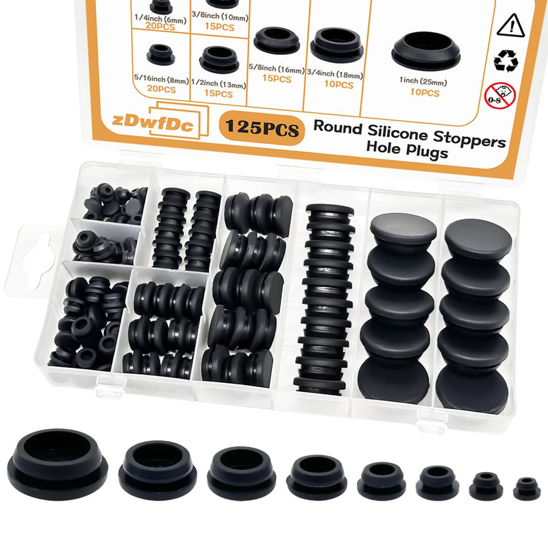 [Australia - AusPower] - 125PCS 8 Sizes Black Rubber Plugs for Round Holes Silicone Plugs, 1" 3/4" 5/8" 1/2" 3/8" 5/16" 1/4" 1/5" Round Hole Plug Snap Locking, Used for Furniture DD028-b 