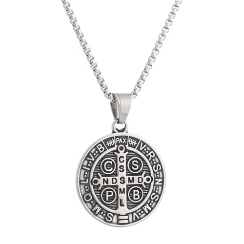St Benedict Exorcism Medal Necklace - Stainless Steel Christian Catholic Roman Cross Pendant - Patron Saint Amulet Medal Religion Jewelry Silver