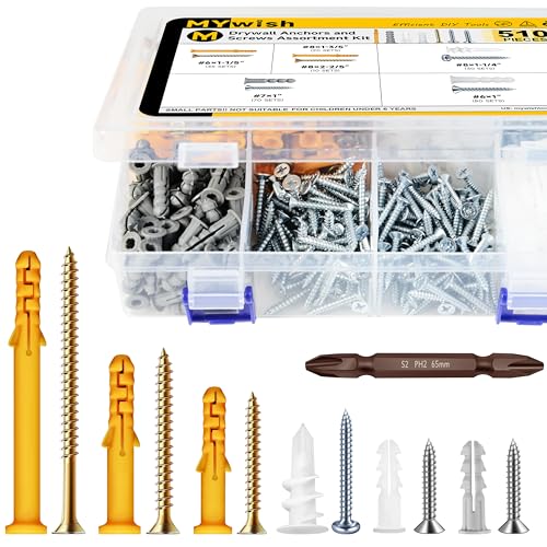 MYWISH 510-piece drywall anchors and screws kit with wall hanging hardware in six sizes for picture hanging