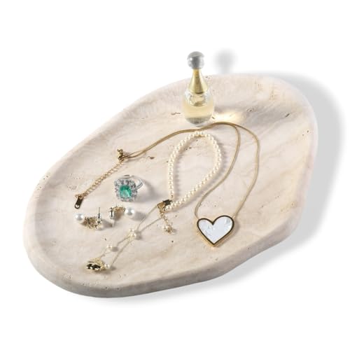 BCS Marble Jewelry Tray Trinket Dish, Decorative Cloud Vanity Key Tray for Women, Perfume Ring Holder Dish for Ring Earring, Cute Jewelry Plate Bowl Aesthetic Room Decor（Beige Travertine） White Travertine 9.36"L X6.24"W X0.7"H