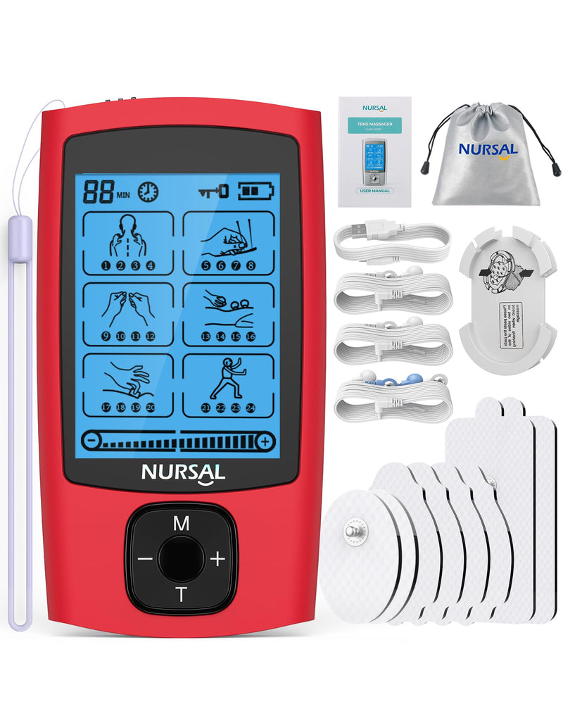 [Australia - AusPower] - NURSAL 24 Modes TENS Unit Muscle Stimulator, Rechargeable Electronic Pulse Massager with 8 Pads for Back and Shoulder Pain Relief and Muscle Strength (Red) 