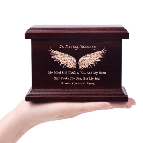 6 Inch Small Wooden Urn for Human Ashes - Keepsake Urn for Men & Women, Funeral Ashes Holder, Wooden Urn Box and Casket with Wing Design Design: Wing