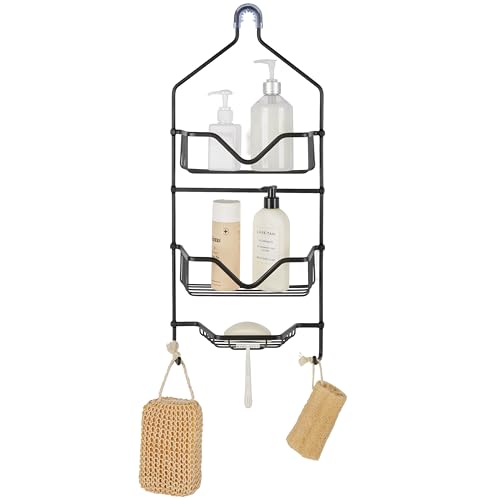 Bath Bliss 3 Tier Aluminum Shower Caddy | 2 Shelves | 1 Soap Dish | 2 Razor Hooks | Bathroom Storage | Holds Large Bottles | Black