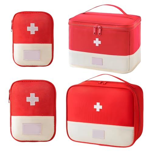 Pack of 4 Portable Medicine Bag, Large Capacity Medical Emergency Bag, Travel Pharmacy Bag, Waterproof, Medication Bag for Home Office Travel (Red)