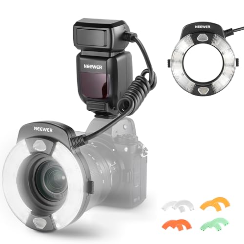 NEEWER RF1-N Marco Ring Flash Light Compatible with Nikon Camera, 76Ws GN15 5600K TTL Lighting 1-1/128 Output Front/Rear Curtain Sync Color Gels, Lens Adapter Rings for Macro Photography Studio Photo for Nikon