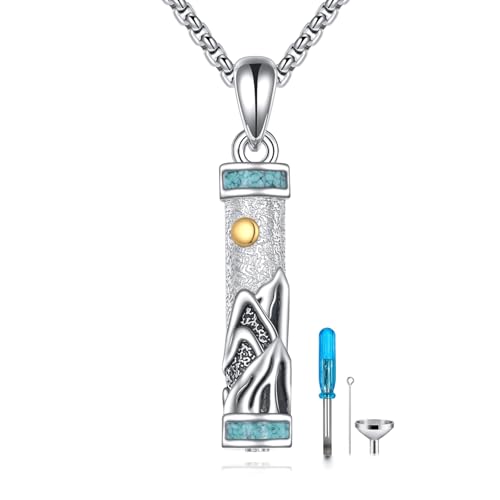 Urn Necklaces for Ashes Sterling Silver Cylinder Memorial Pendant for Loved Ones Keepsake Cremation Jewelry Gifts for Women Men Mountain