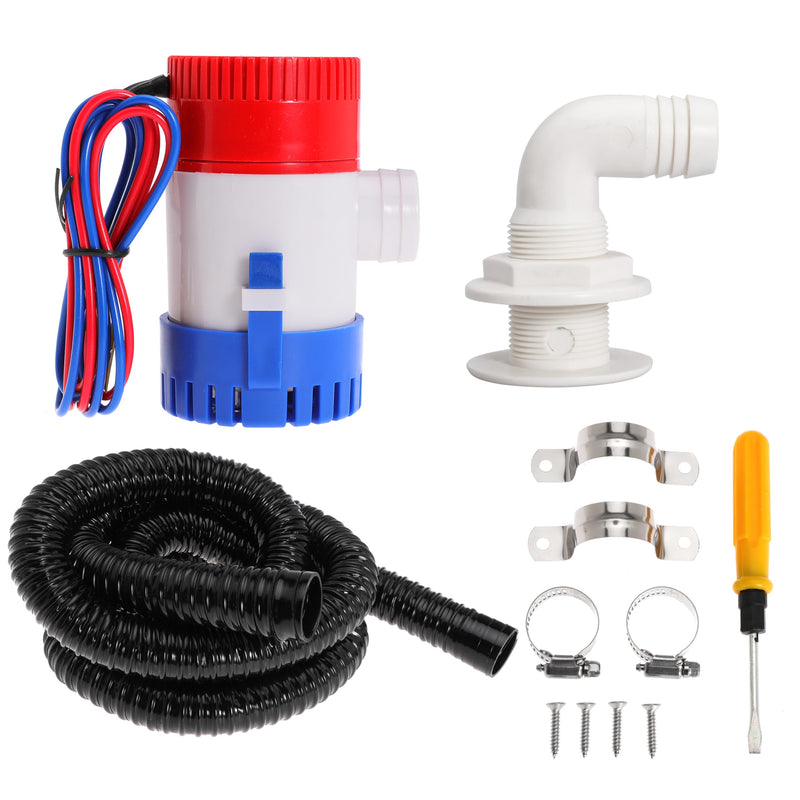 Boat Bilge Plumbing Kit 1-1/8 Inch Dia 12V Non-automatic Bilge Pump kit 1100 GPH with 6FT PVC Bilge Pump Hose (90 Degree Elbow) 90 Degree Elbow
