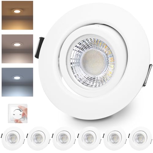 LED Recessed Spotlight 230 V Dimmable White LED Spotlights 6 W IP44 Bathroom Recessed Lights Swivelling Ceiling Spots, Warm White Neutral White Cool White Ceiling Light for Bathroom Kitchen Living Room Set of 6